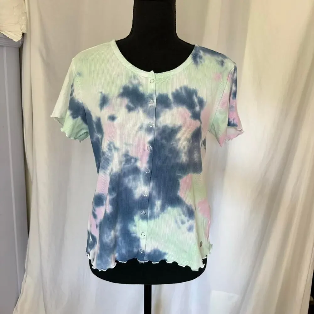 Justice Tie dye hippie shirt girls XXL 16‎ 18 ruffle hem boho casual button up